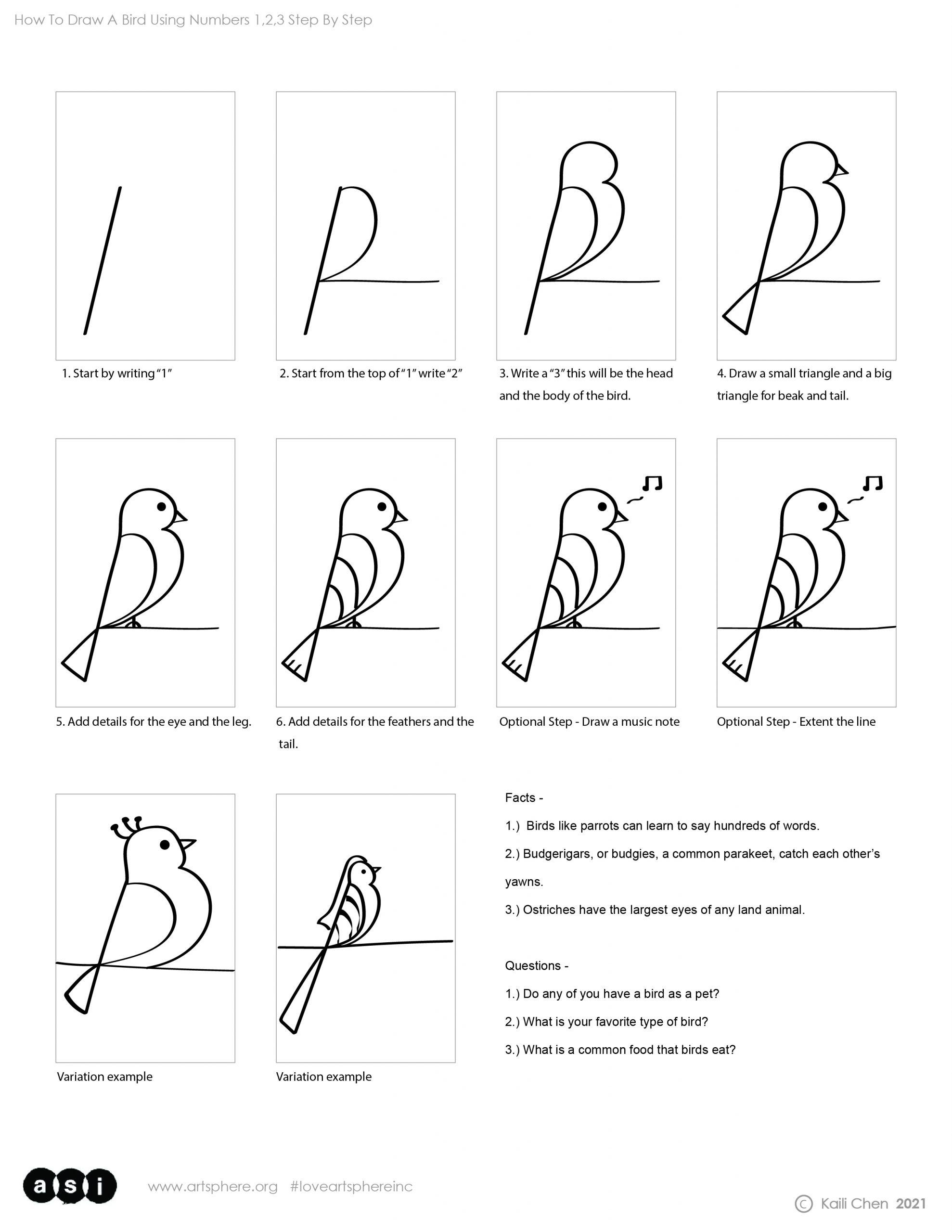 5 Ways How To Draw A Bird + Worksheet - Smiling Colors