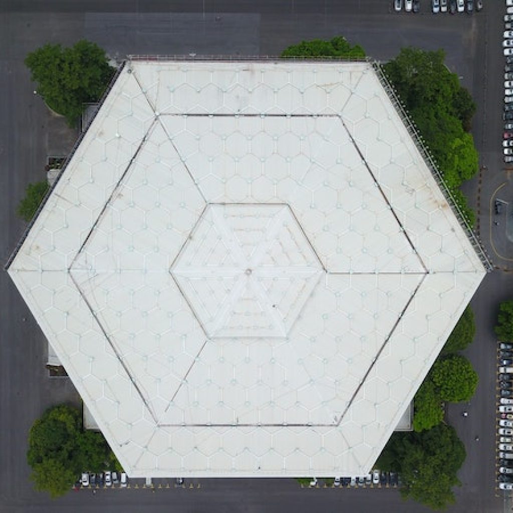 Top view of a hexagonal roof.