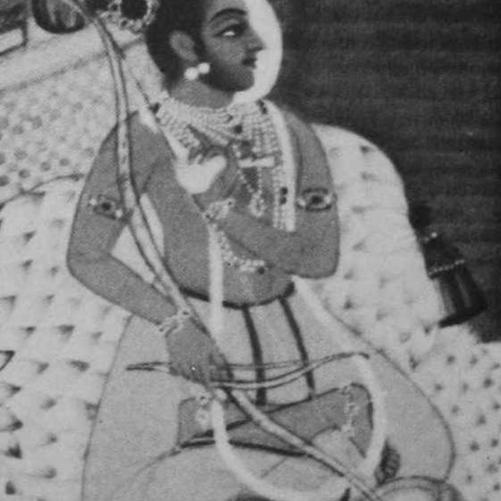 Painting showing a woman a divine musician playing a Umakheweyana
